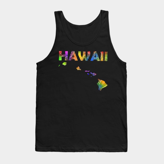 Colorful mandala art map of Hawaii with text in multicolor pattern Tank Top by Happy Citizen